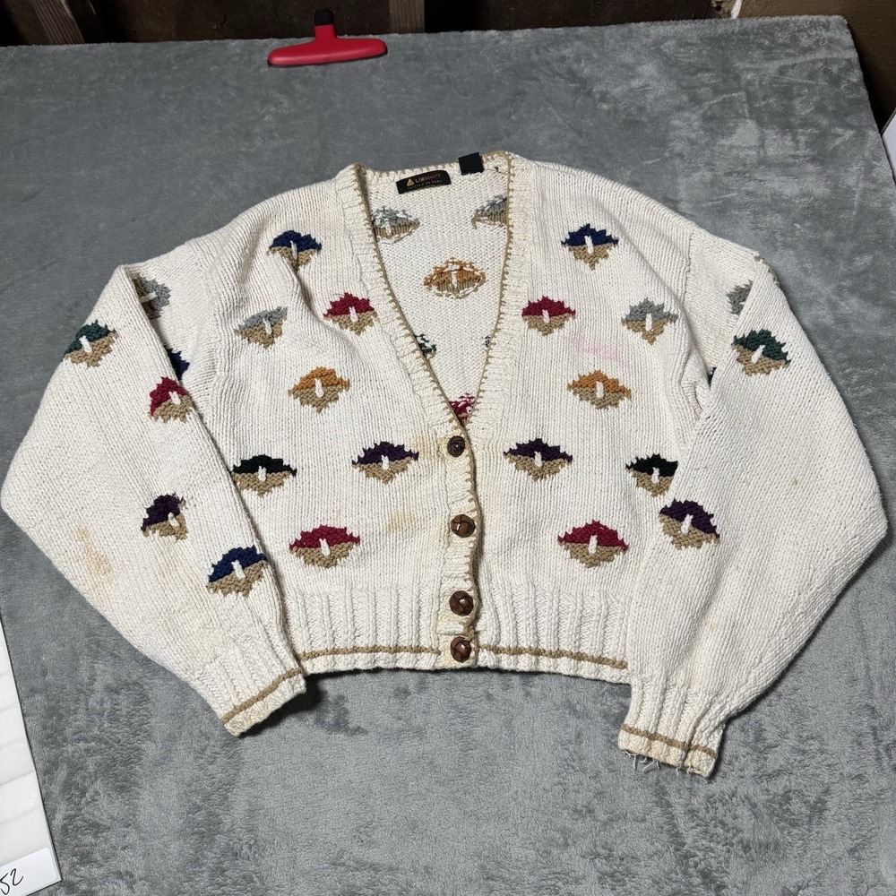 VTG Liz Sport Hand Knitted Ivory Mushroom Cardigan Sweater Women Medium Flaws - Picture 2 of 8